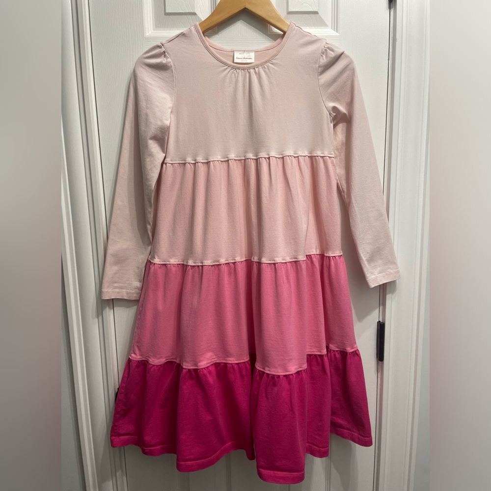 Hanna Andersson Girl's Size 12 Pink Tiered Dress Long Sleeves Stripes Cotton